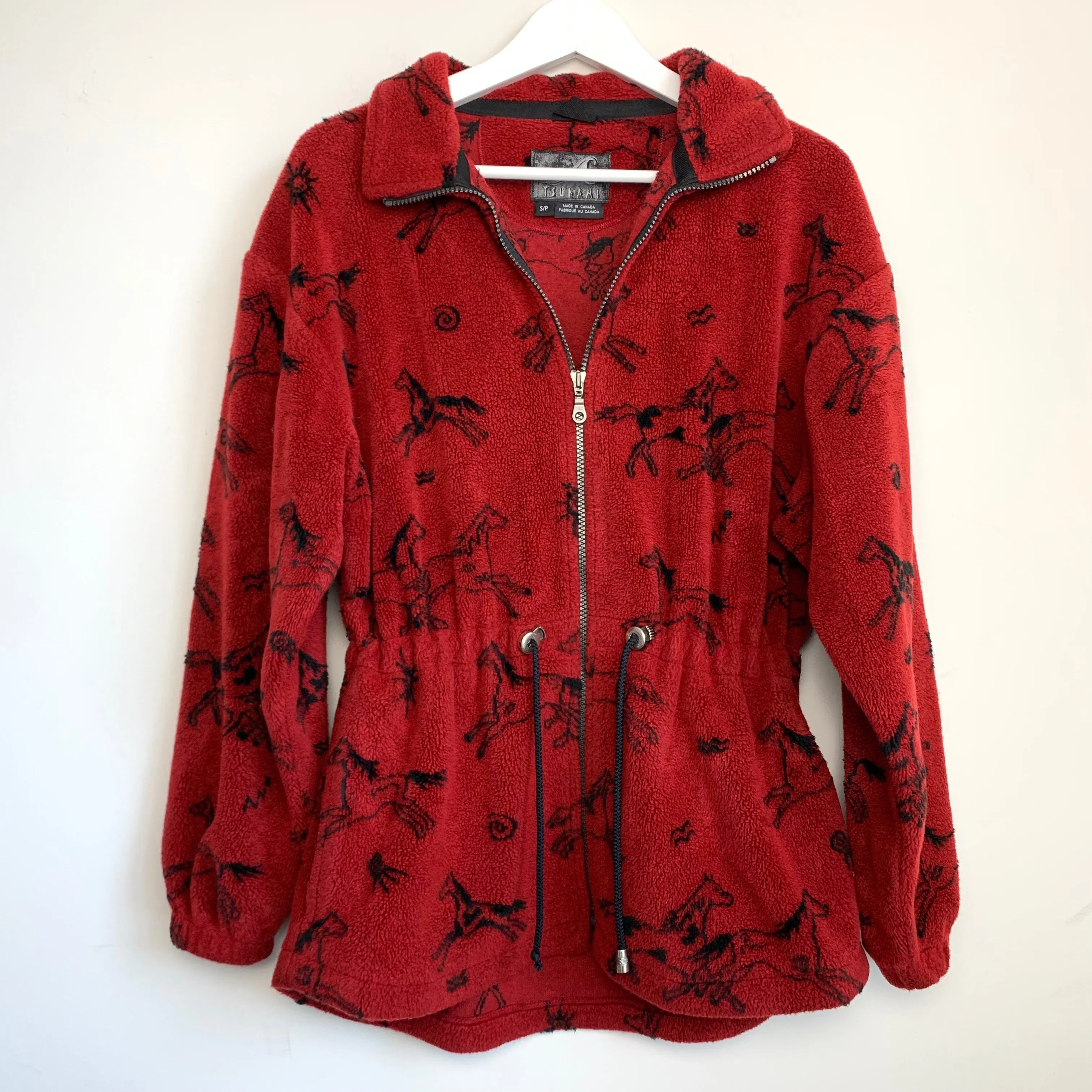 90s Tsunami Horse Fleece Jacket Red and Black with a Collar Size Small