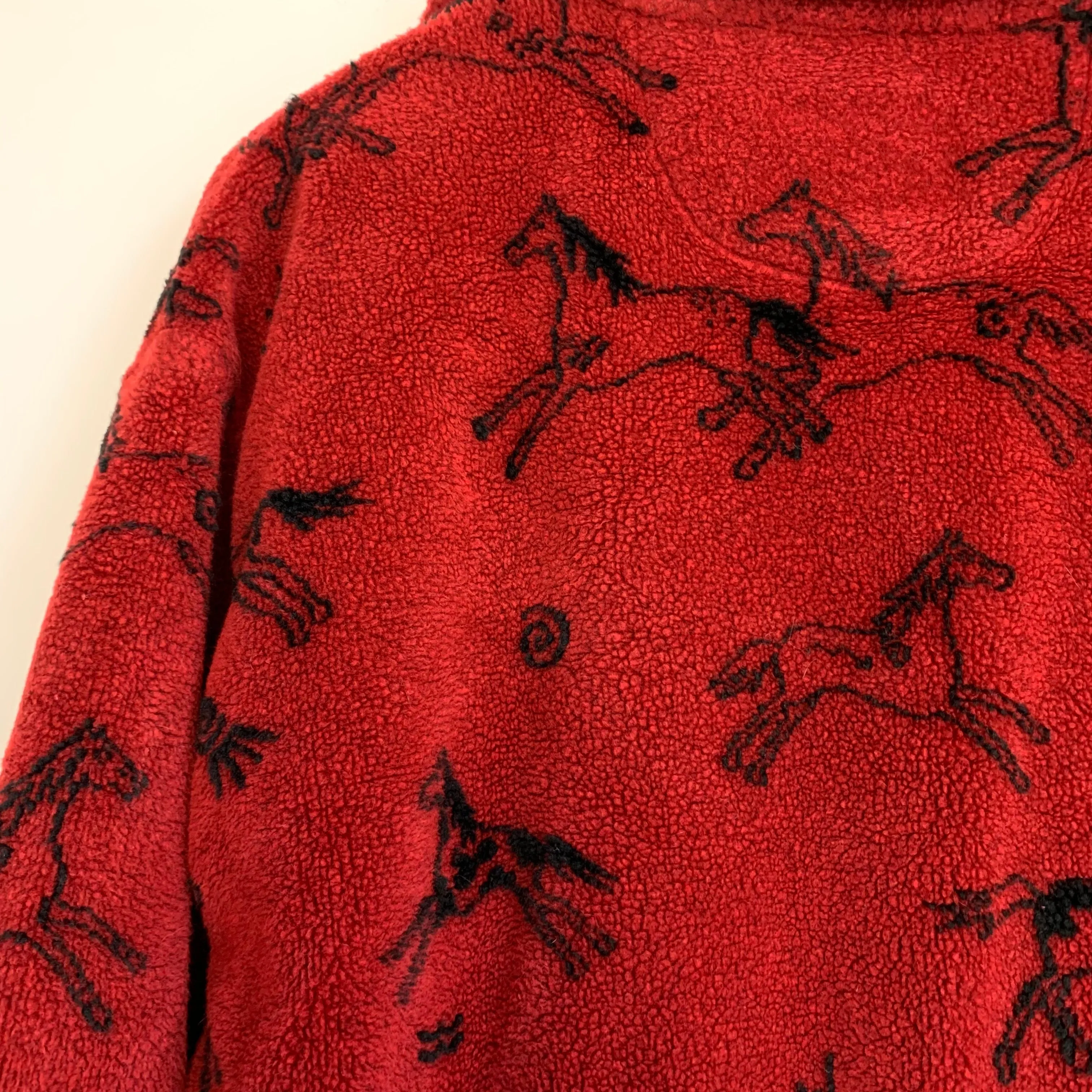 90s Tsunami Horse Fleece Jacket Red and Black with a Collar Size Small