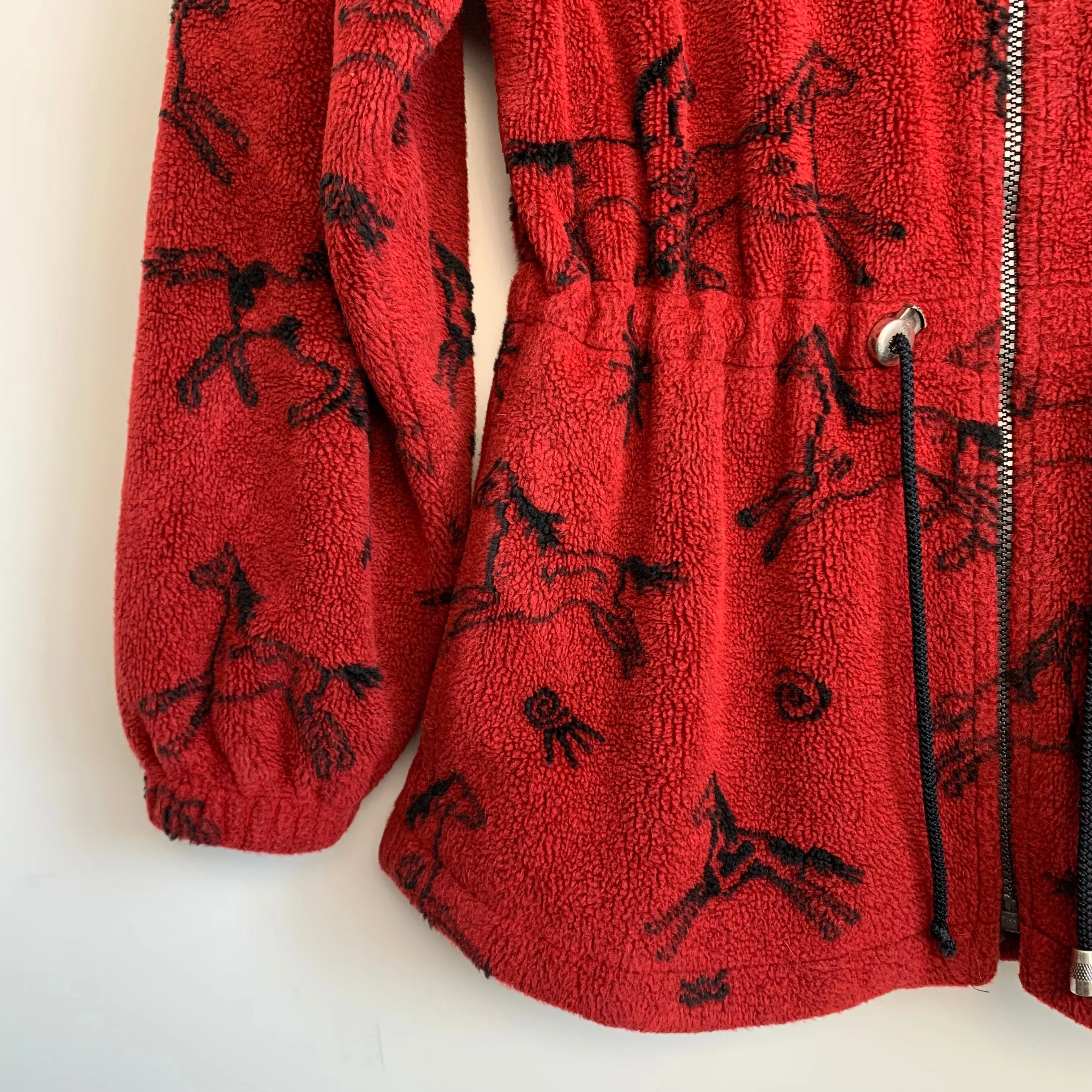 90s Tsunami Horse Fleece Jacket Red and Black with a Collar Size Small
