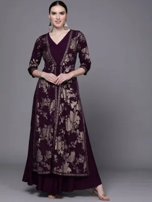 Ahalyaa Women Burgundy Floral Fit & Flare Maxi Ethnic Dress