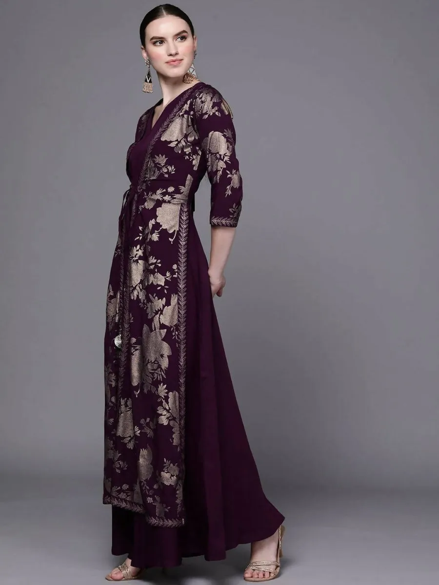 Ahalyaa Women Burgundy Floral Fit & Flare Maxi Ethnic Dress