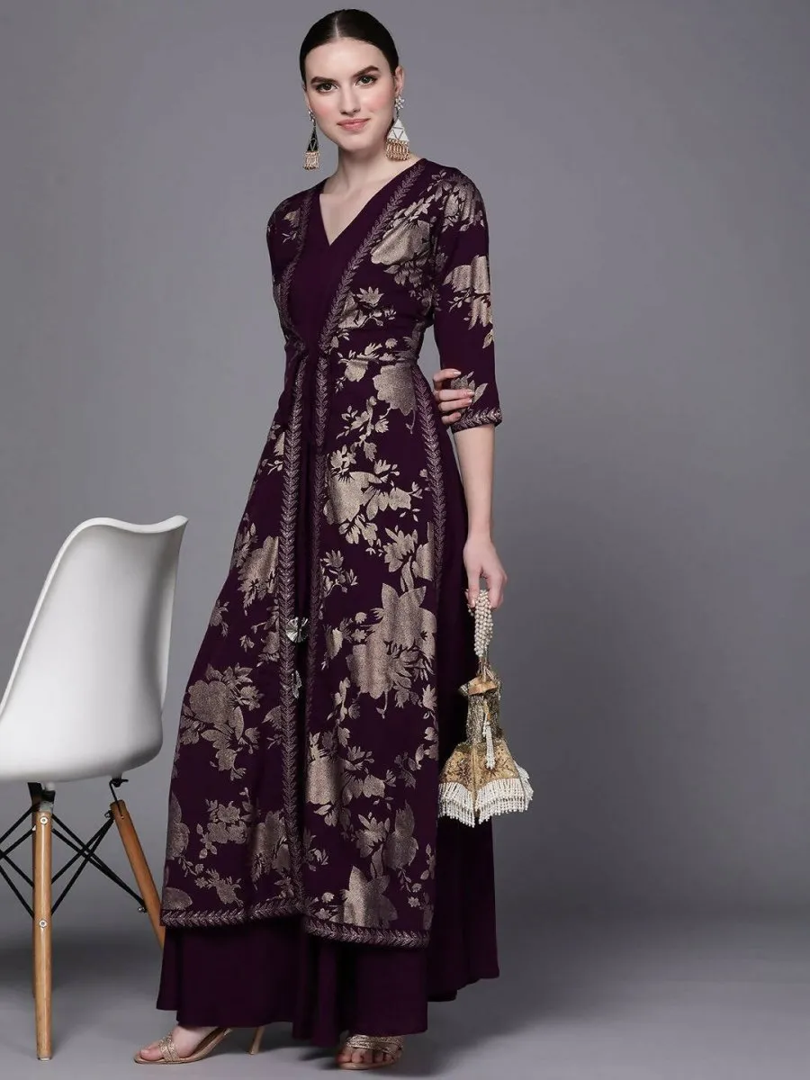 Ahalyaa Women Burgundy Floral Fit & Flare Maxi Ethnic Dress