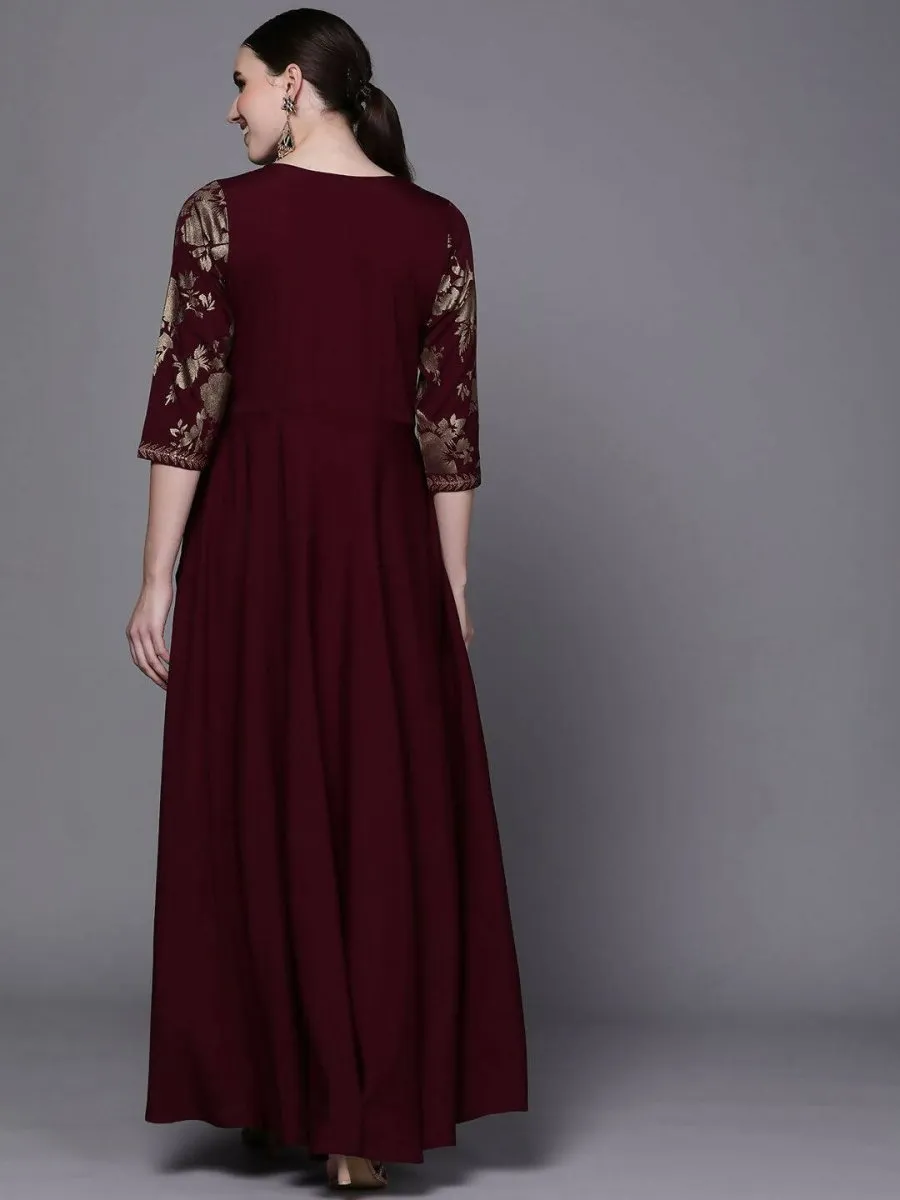 Ahalyaa Women Burgundy Floral Fit & Flare Maxi Ethnic Dress