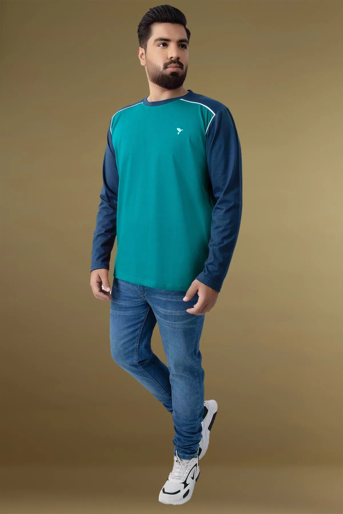 Aqua Green & Blue Paneled Embroidered T-Shirt (Plus Size) - W23 - MT0278P