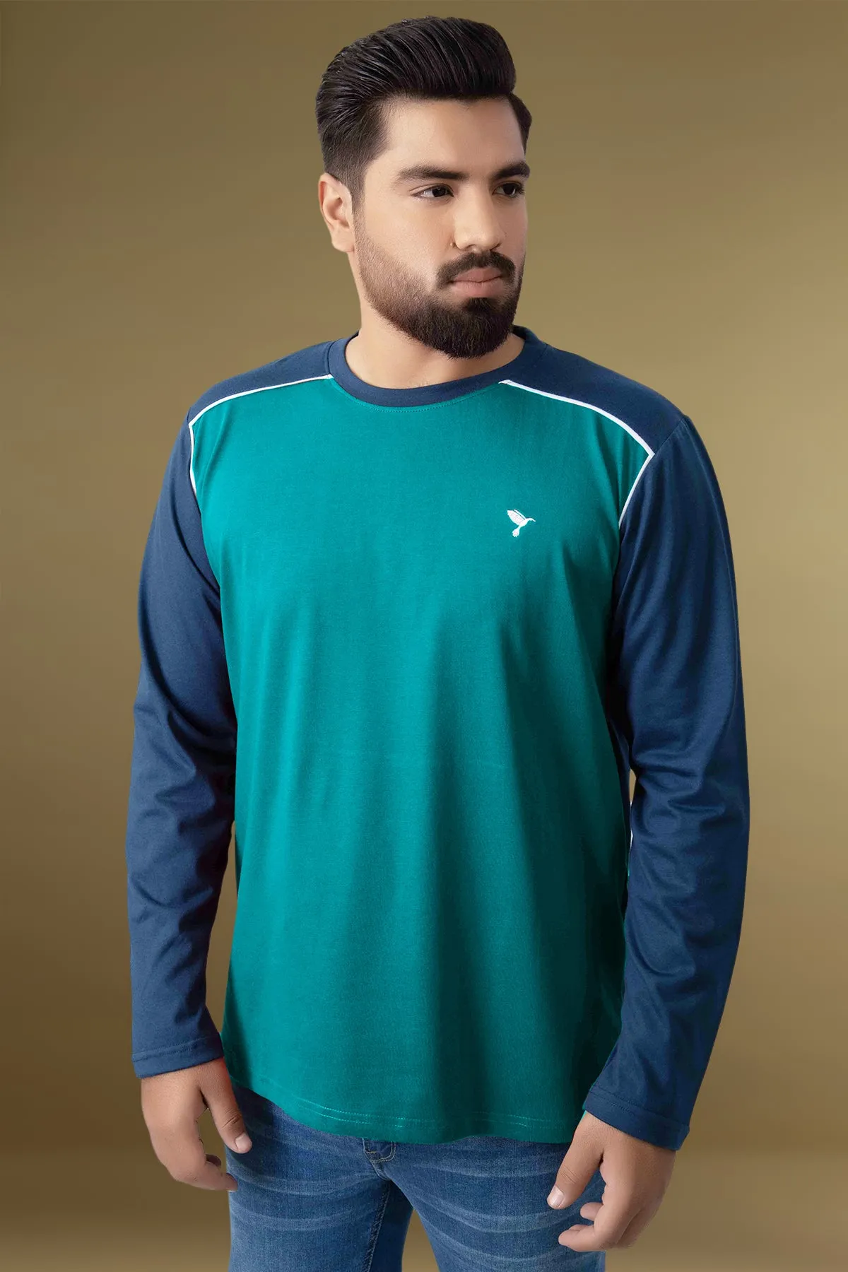 Aqua Green & Blue Paneled Embroidered T-Shirt (Plus Size) - W23 - MT0278P