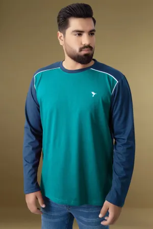Aqua Green & Blue Paneled Embroidered T-Shirt (Plus Size) - W23 - MT0278P
