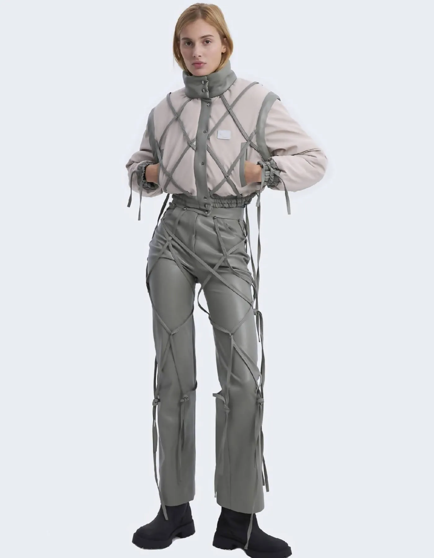 Beige Down Jacket with Straps
