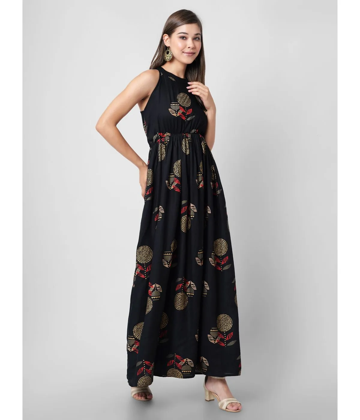 Black Printed Halter Neck Maxi Dress