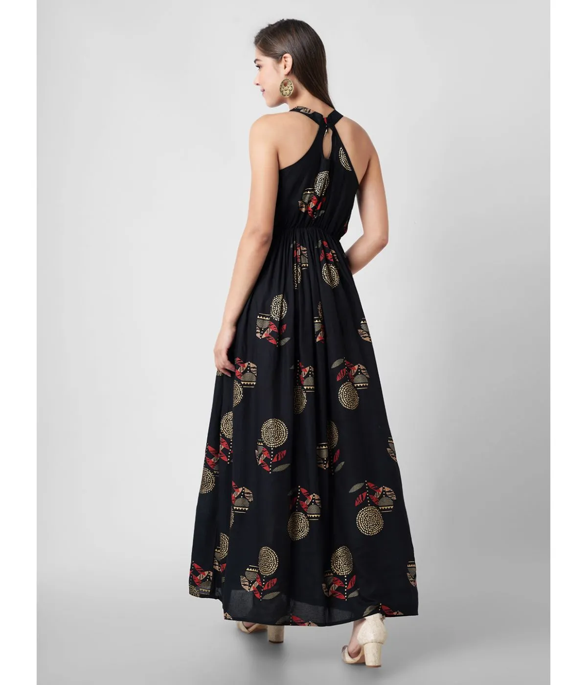 Black Printed Halter Neck Maxi Dress
