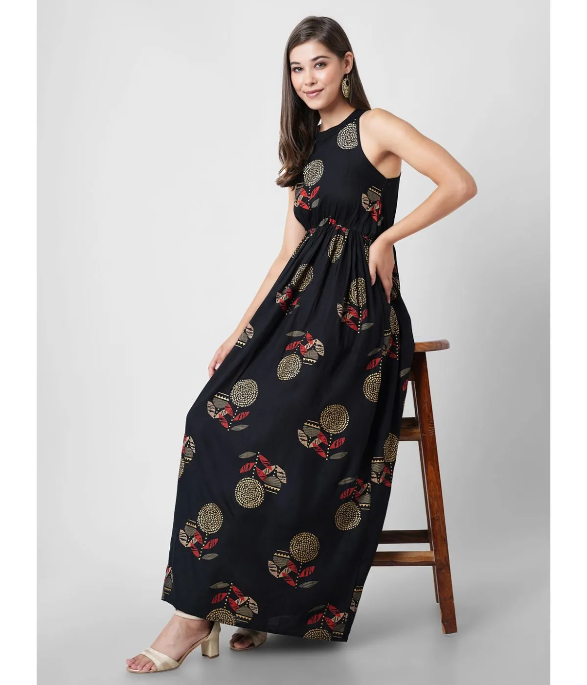 Black Printed Halter Neck Maxi Dress
