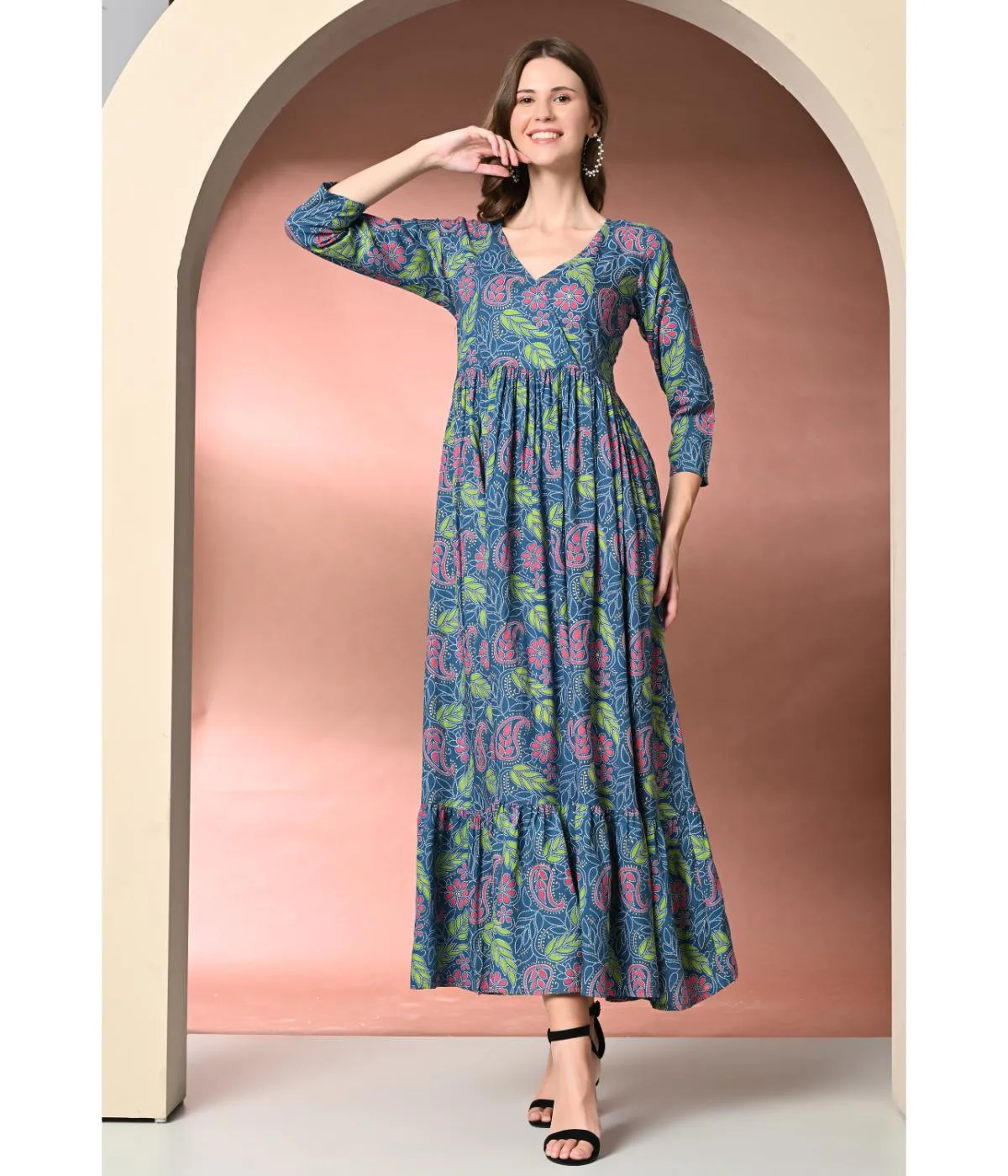 Blue Ethnic Motifs V-neck Maxi Dress