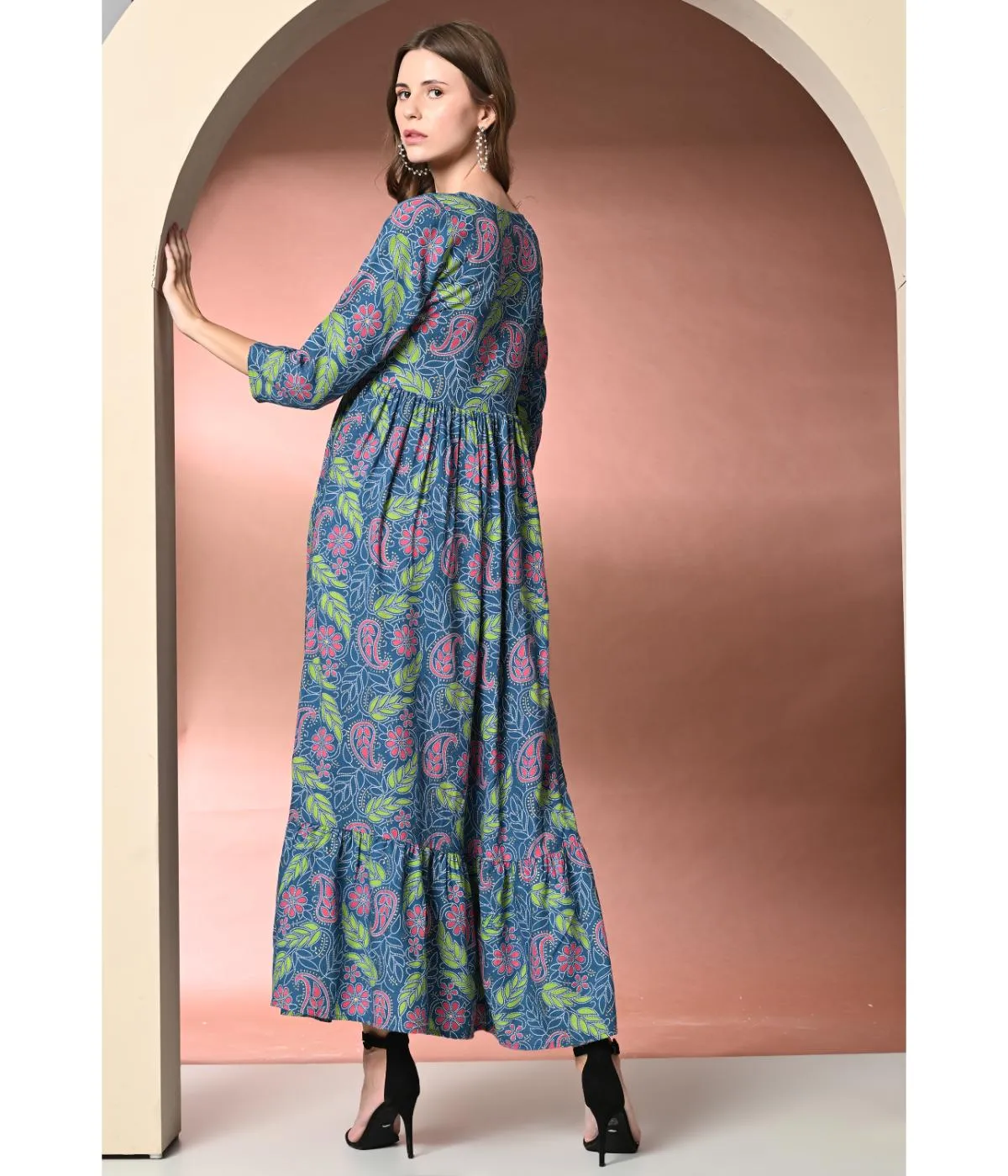 Blue Ethnic Motifs V-neck Maxi Dress