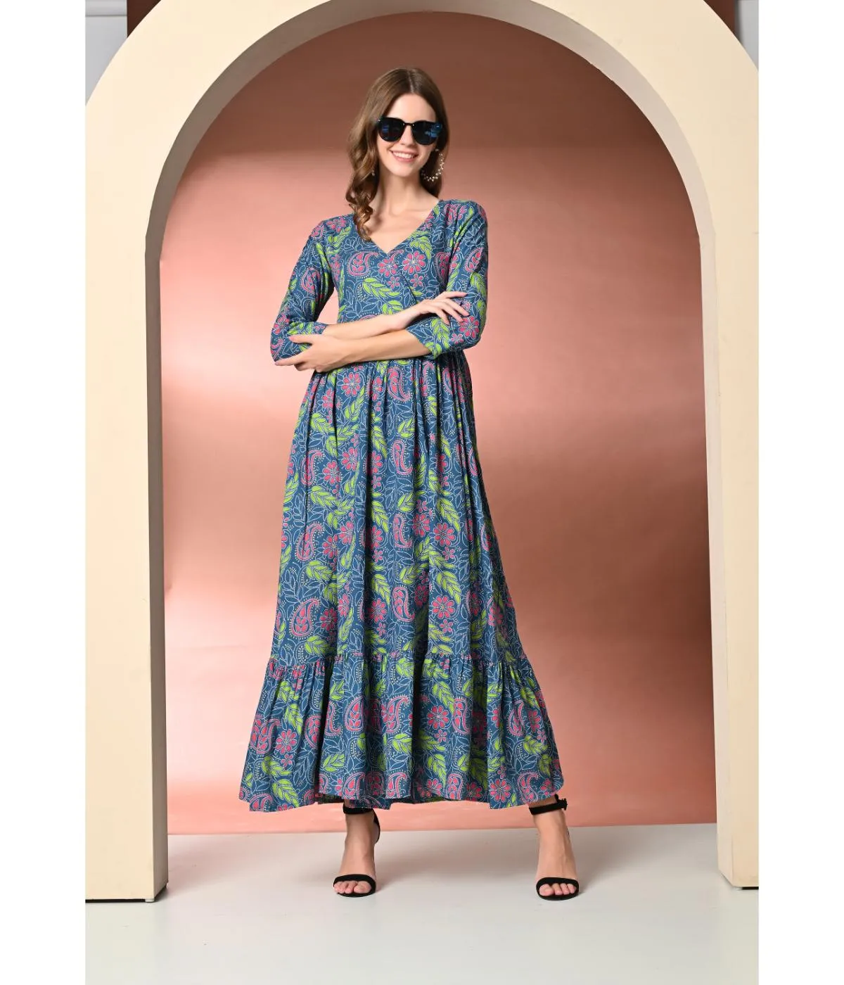 Blue Ethnic Motifs V-neck Maxi Dress