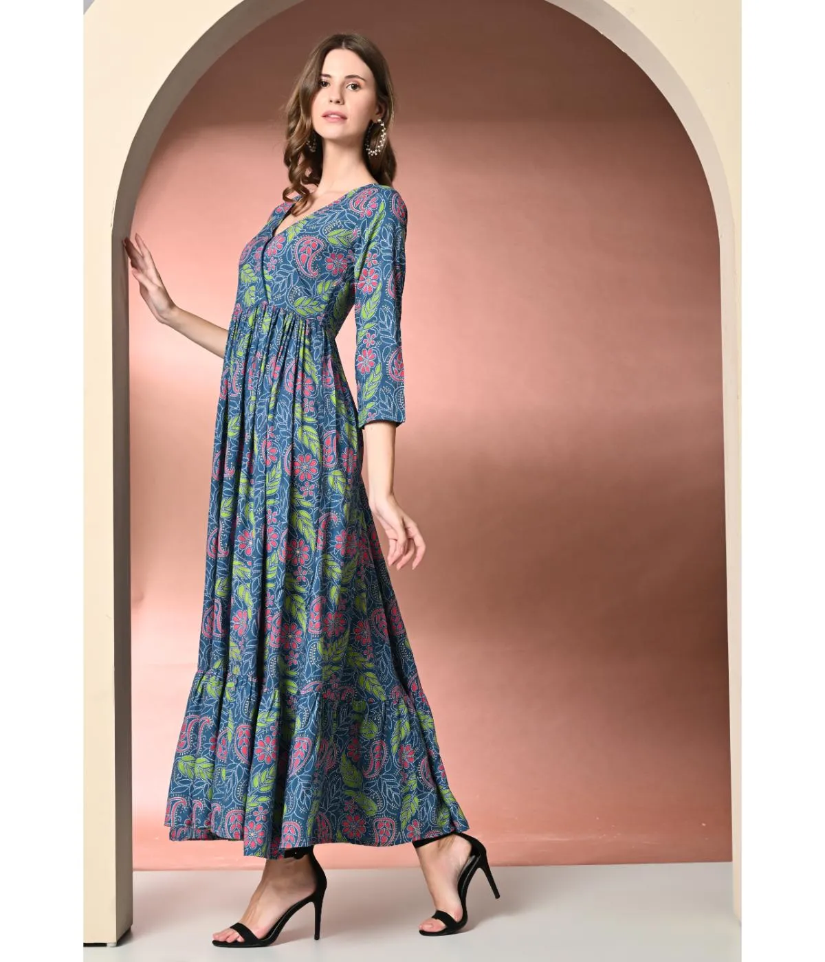 Blue Ethnic Motifs V-neck Maxi Dress