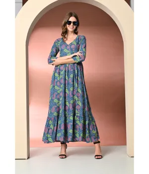 Blue Ethnic Motifs V-neck Maxi Dress
