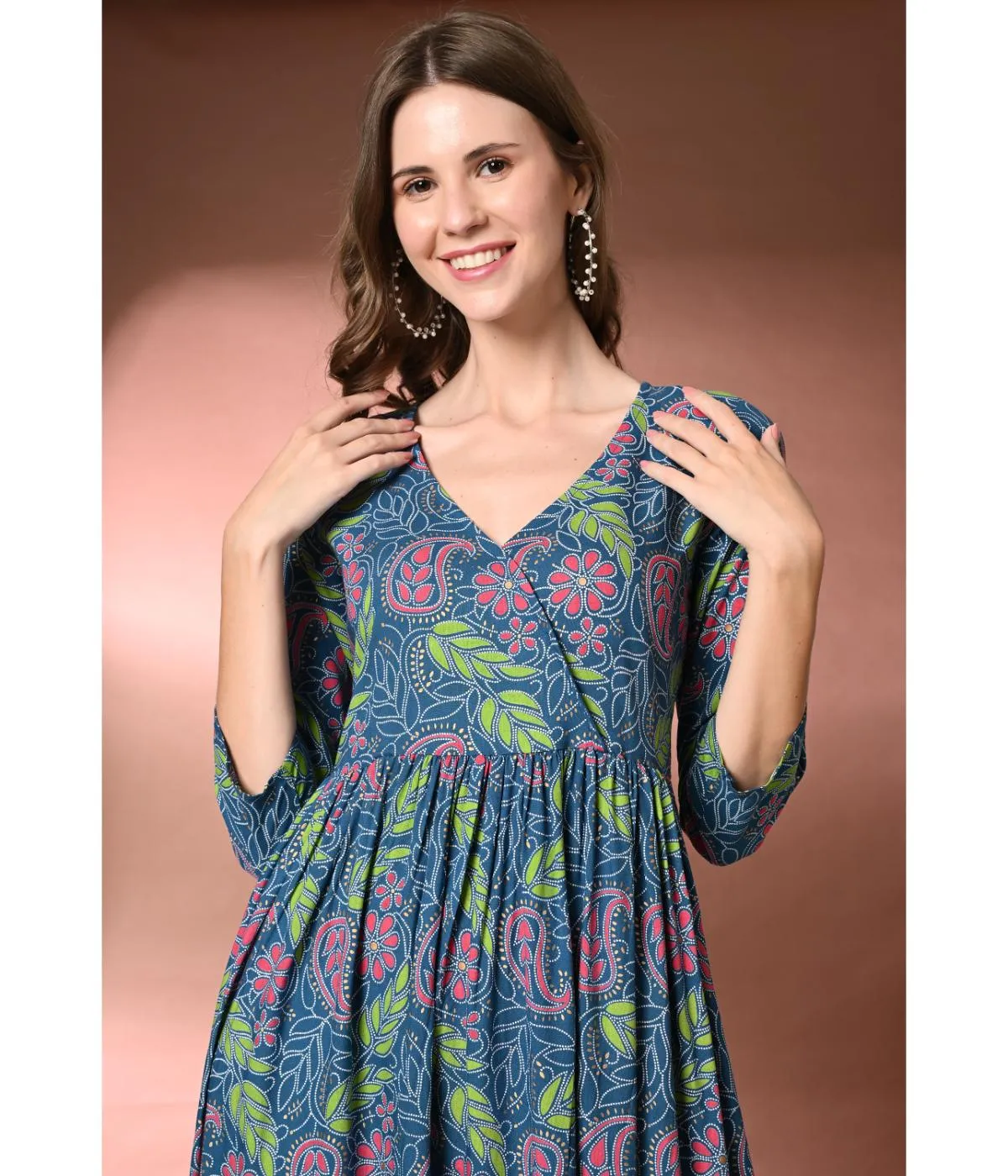 Blue Ethnic Motifs V-neck Maxi Dress
