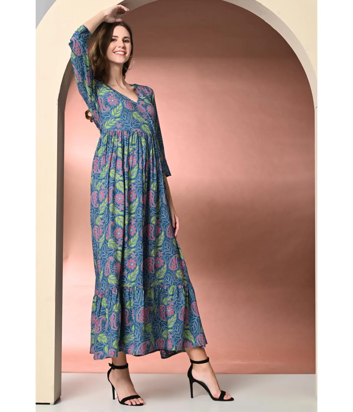 Blue Ethnic Motifs V-neck Maxi Dress
