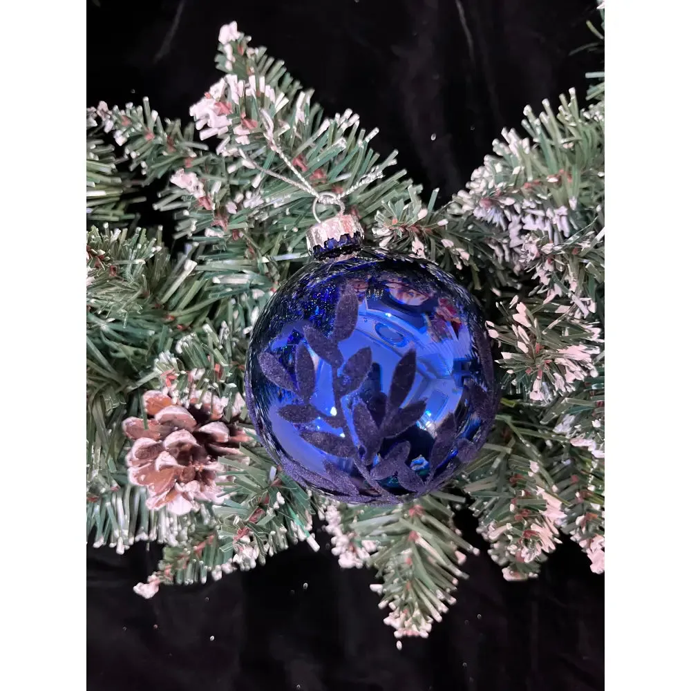 Blue With Flock Leaf Design Bauble