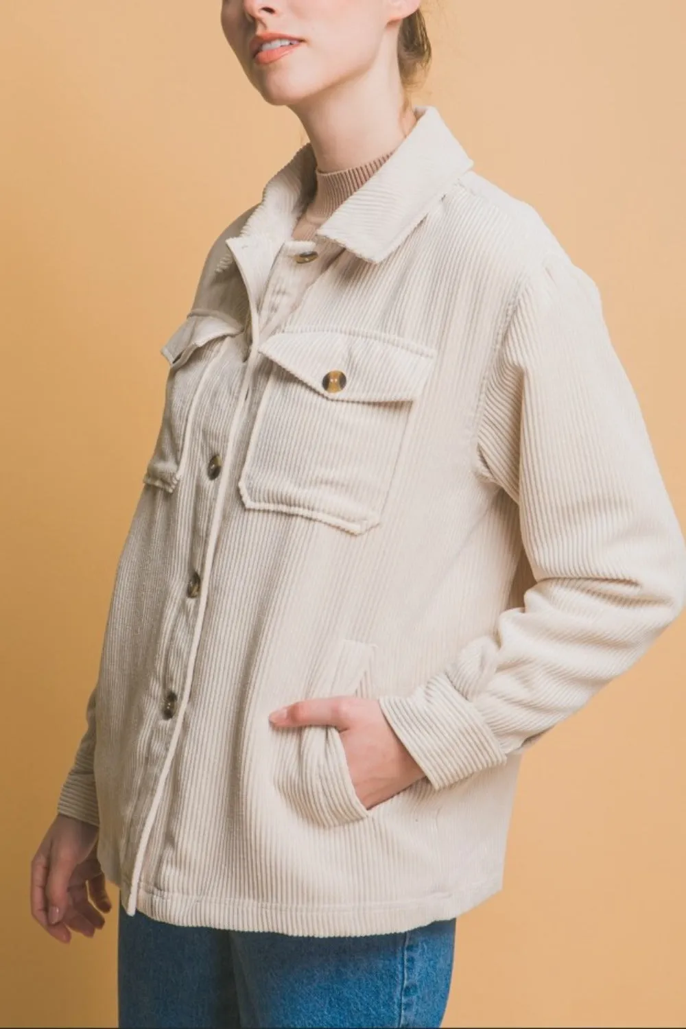 Blue Zone Planet |  Love Tree Corduroy Button Up Jacket with Sherpa Inside