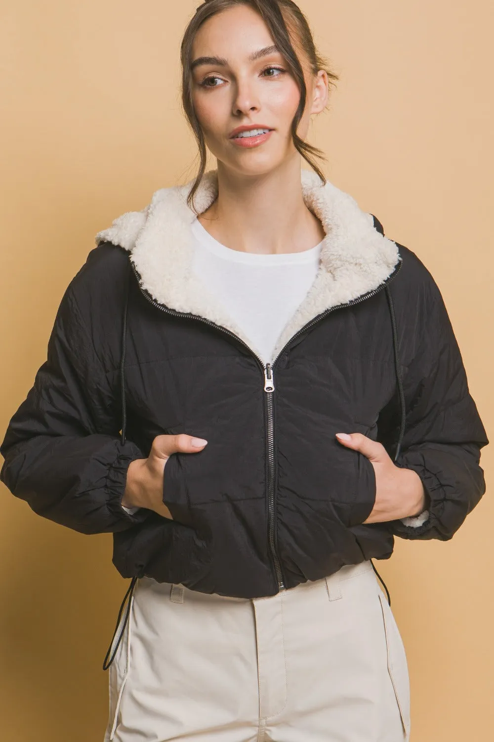 Blue Zone Planet |  Love Tree Zip Up Cropped Hooded Sherpa Reversible Jacket