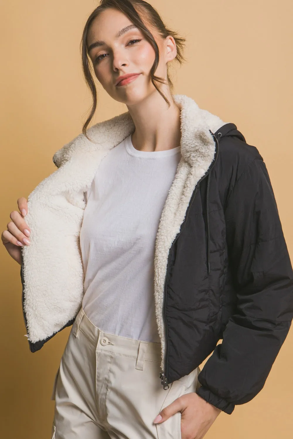 Blue Zone Planet |  Love Tree Zip Up Cropped Hooded Sherpa Reversible Jacket