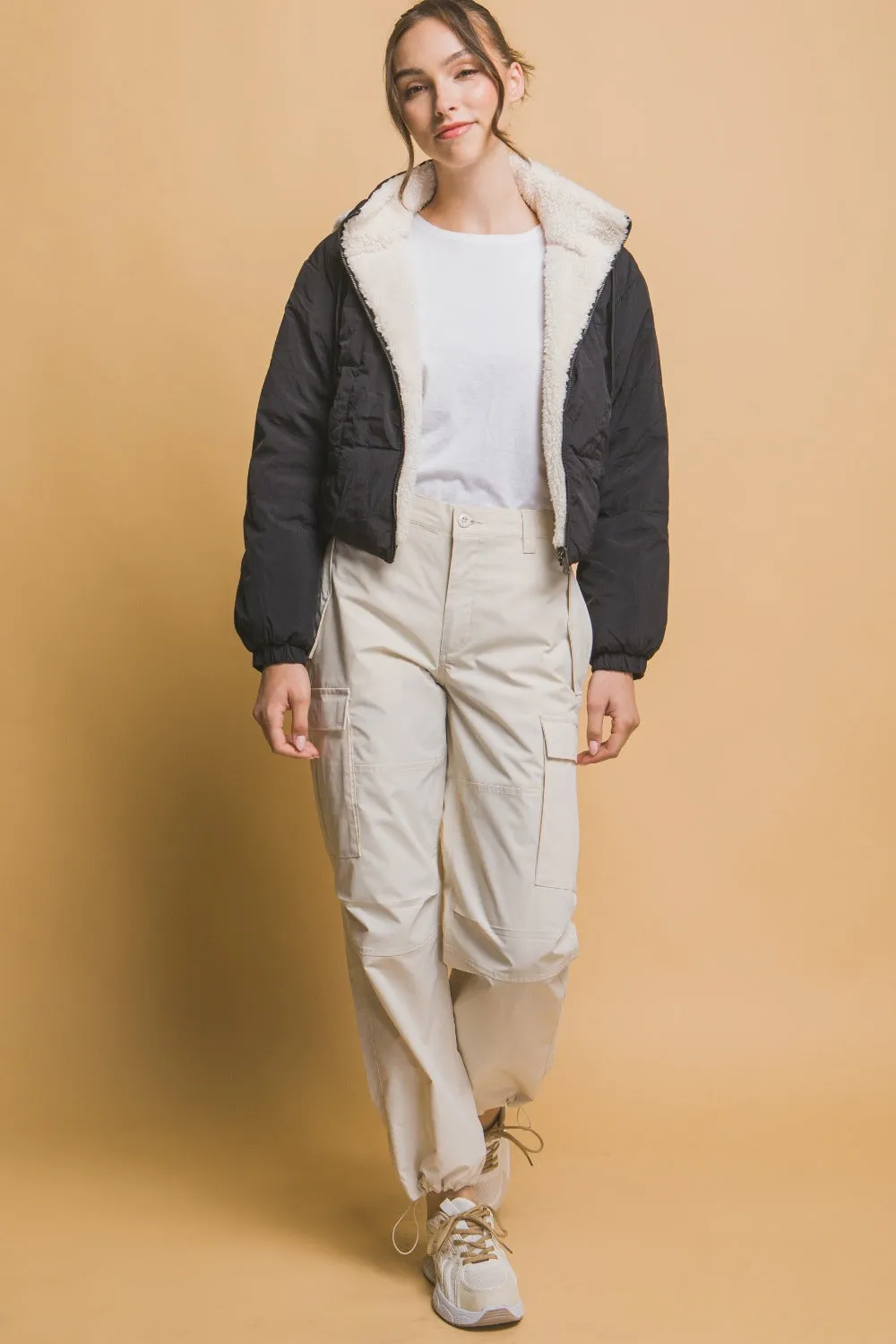 Blue Zone Planet |  Love Tree Zip Up Cropped Hooded Sherpa Reversible Jacket