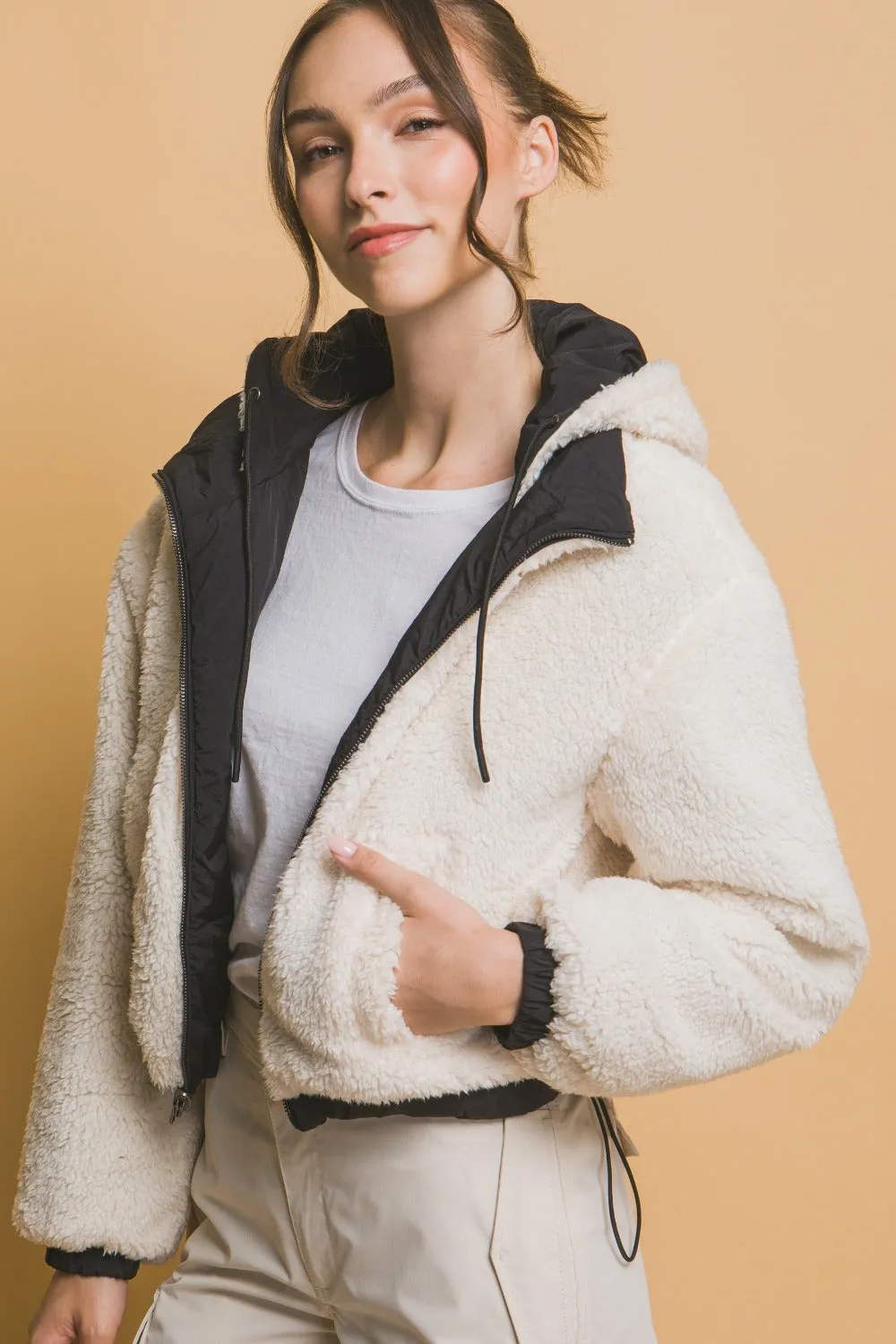 Blue Zone Planet |  Love Tree Zip Up Cropped Hooded Sherpa Reversible Jacket