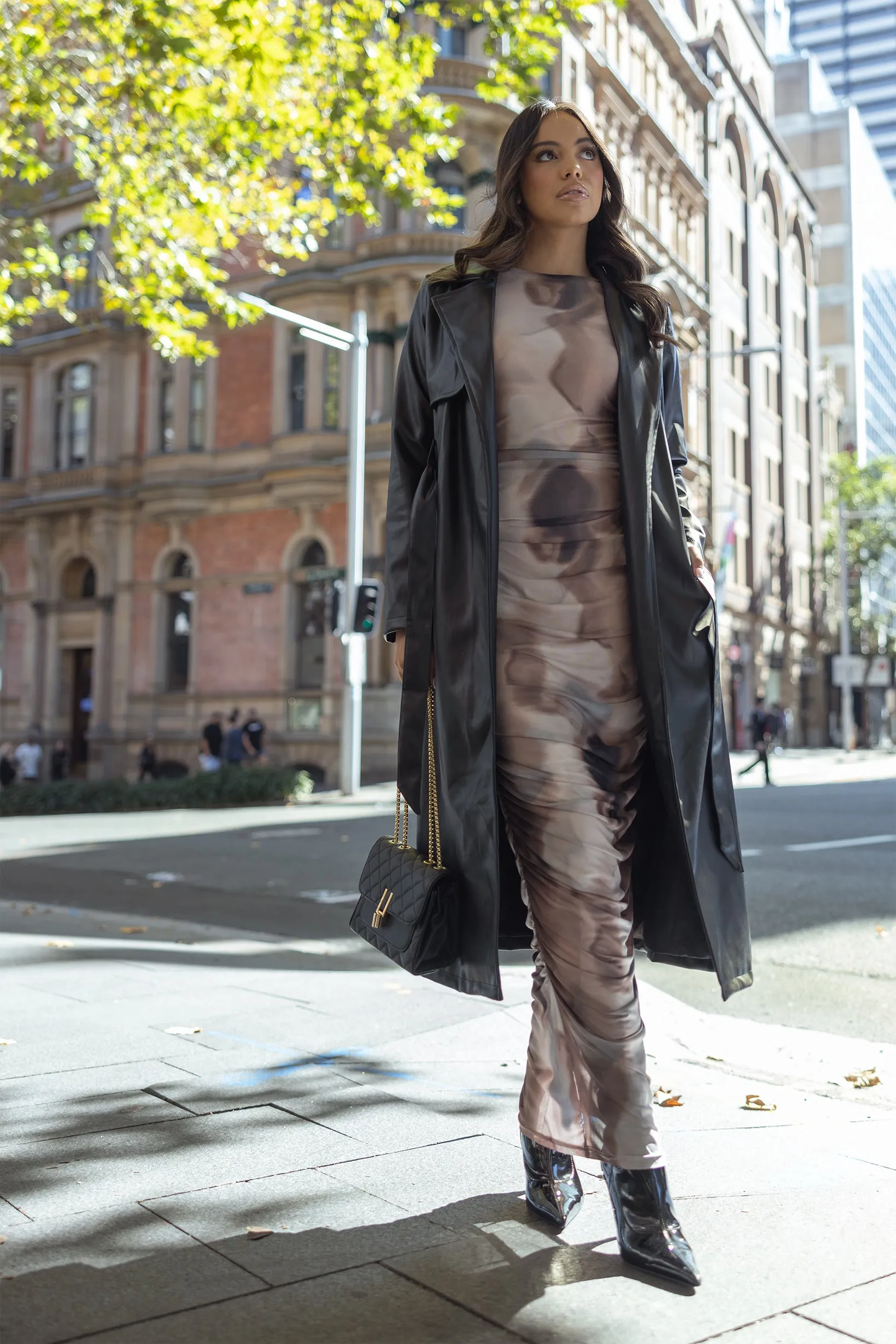 Camo Print Ruched Mesh Maxi Dress