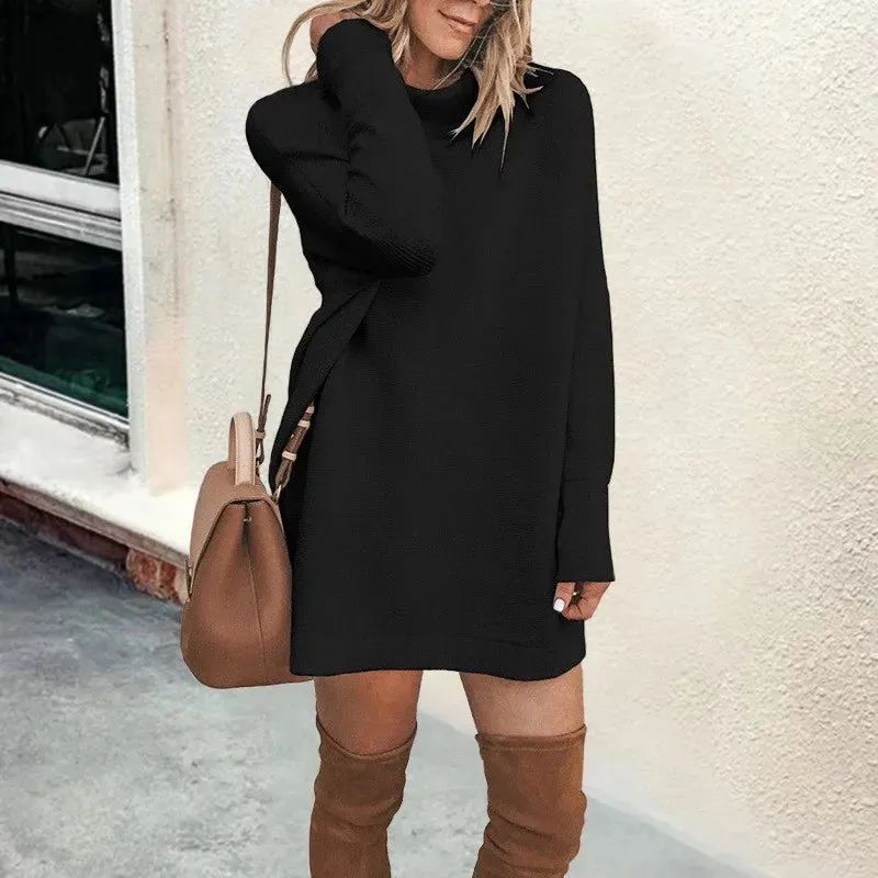 Chic Women's Long Sleeve Turtleneck Dress - Solid Color, Casual Autumn/Winter Style, Above Knee Length, Loose Fit