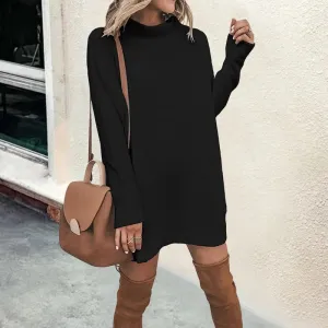 Chic Women's Long Sleeve Turtleneck Dress - Solid Color, Casual Autumn/Winter Style, Above Knee Length, Loose Fit