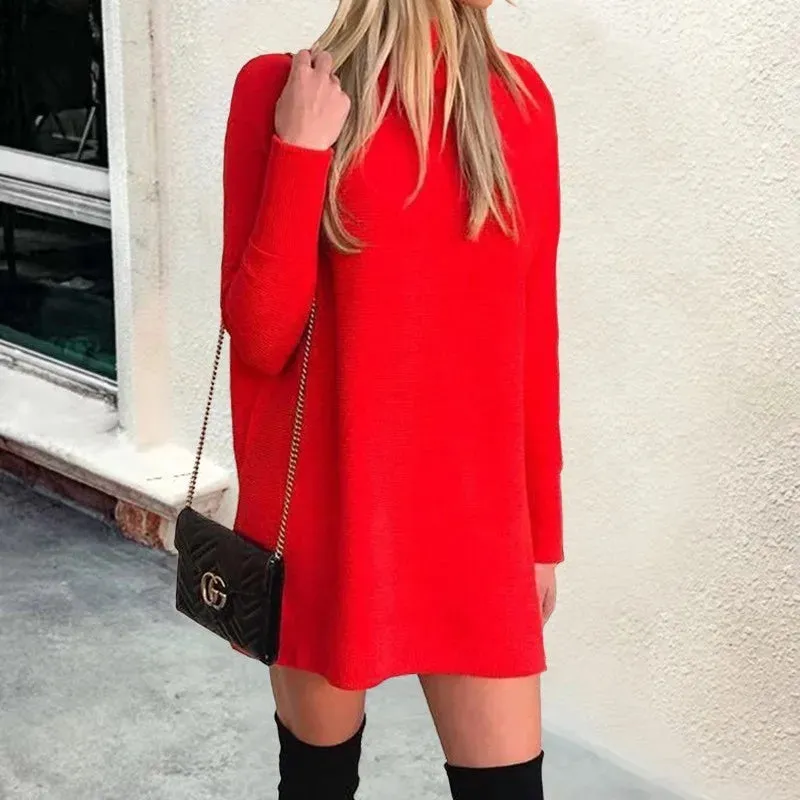 Chic Women's Long Sleeve Turtleneck Dress - Solid Color, Casual Autumn/Winter Style, Above Knee Length, Loose Fit