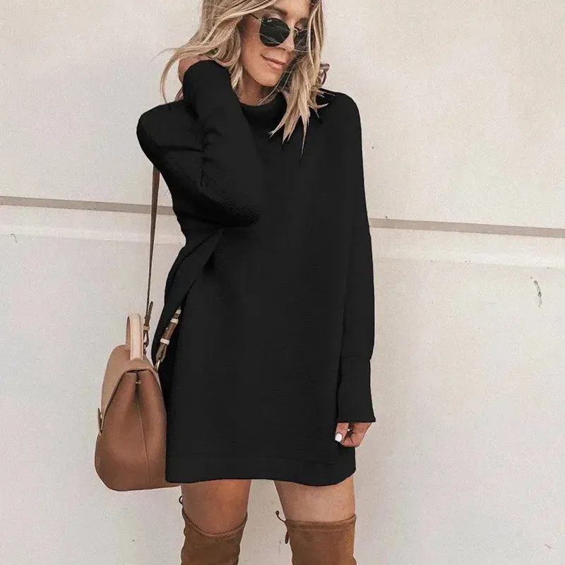 Chic Women's Long Sleeve Turtleneck Dress - Solid Color, Casual Autumn/Winter Style, Above Knee Length, Loose Fit