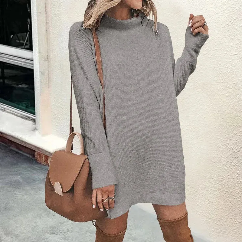 Chic Women's Long Sleeve Turtleneck Dress - Solid Color, Casual Autumn/Winter Style, Above Knee Length, Loose Fit