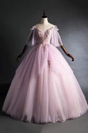 Cute V-Neck Tulle Lace Long Prom Dress, A-Line Evening Party Dress