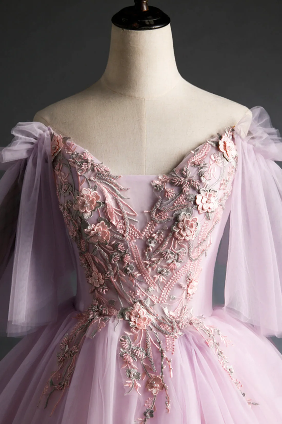 Cute V-Neck Tulle Lace Long Prom Dress, A-Line Evening Party Dress