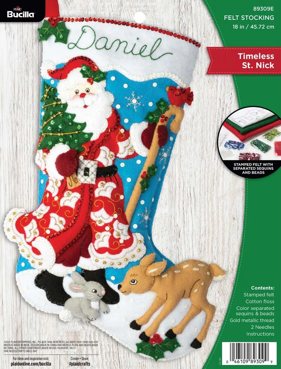 DIY Bucilla Timeless St Nick Santa Deer Snow Christmas Felt Stocking Kit 89309E