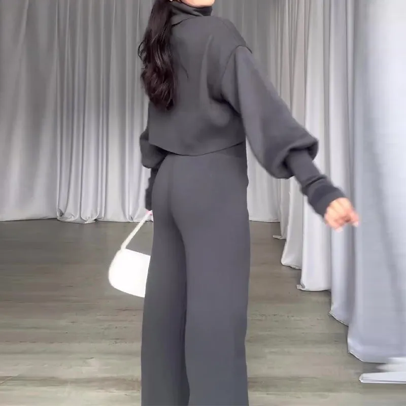 Elegant Gray Turtleneck Suit - Long-sleeved Top and High-waisted Trousers Ensemble
