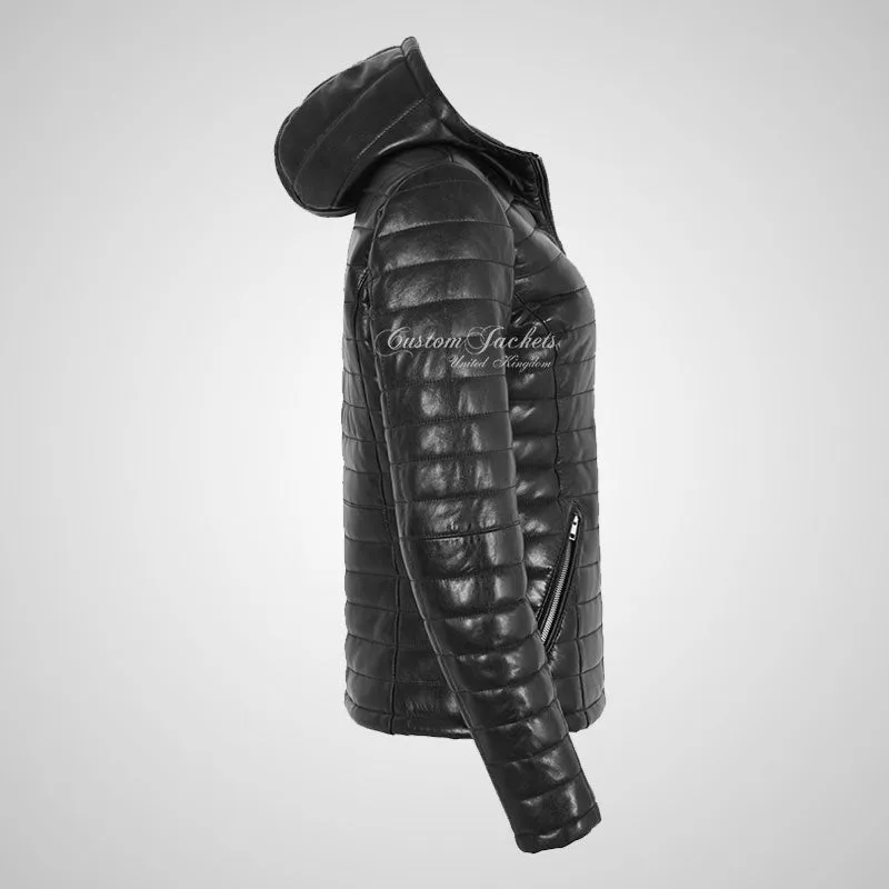 EUPHORIA Ladies Black Leather Puffer Padded Hooded Jacket