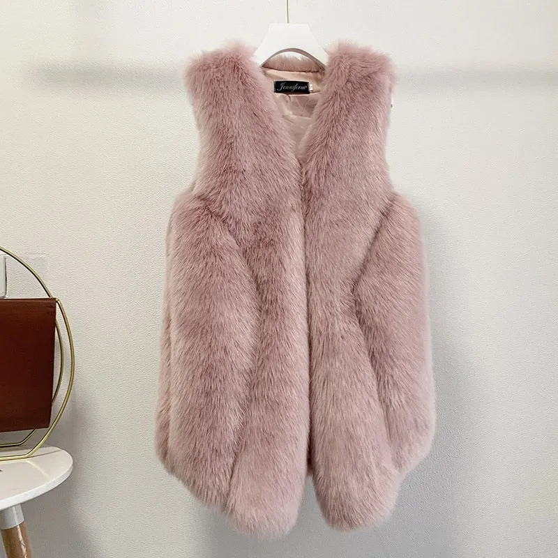 Faux Fur Sleeveless Vest Jacket Autumn Winter Elegant Fashion Vest Style Fashion Long Female Solid Color Autumn 2022