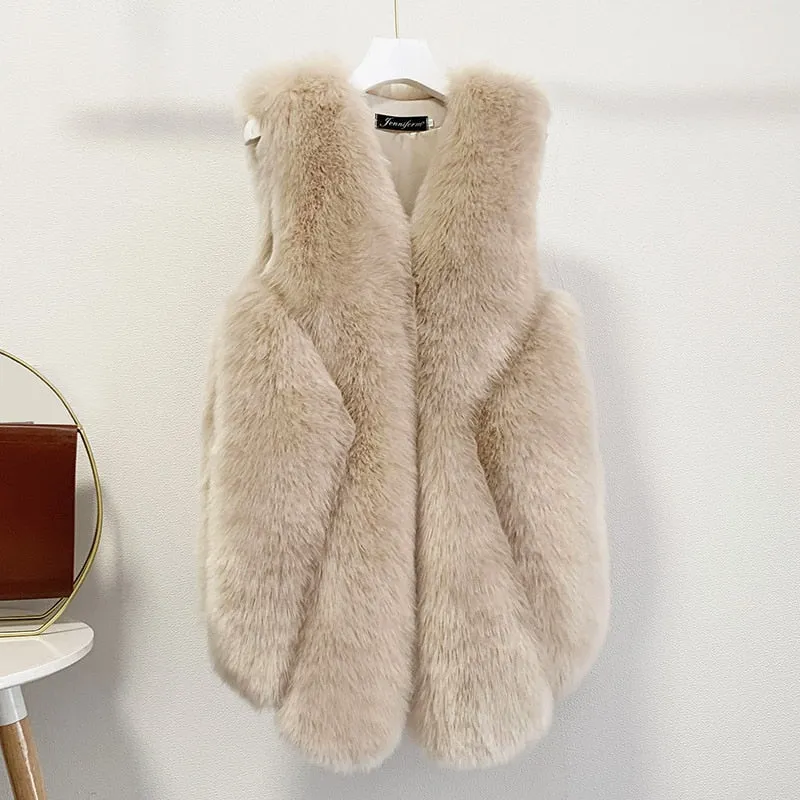 Faux Fur Sleeveless Vest Jacket Autumn Winter Elegant Fashion Vest Style Fashion Long Female Solid Color Autumn 2022