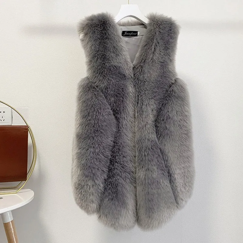 Faux Fur Sleeveless Vest Jacket Autumn Winter Elegant Fashion Vest Style Fashion Long Female Solid Color Autumn 2022