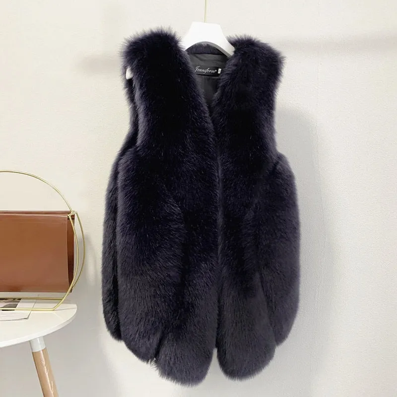 Faux Fur Sleeveless Vest Jacket Autumn Winter Elegant Fashion Vest Style Fashion Long Female Solid Color Autumn 2022