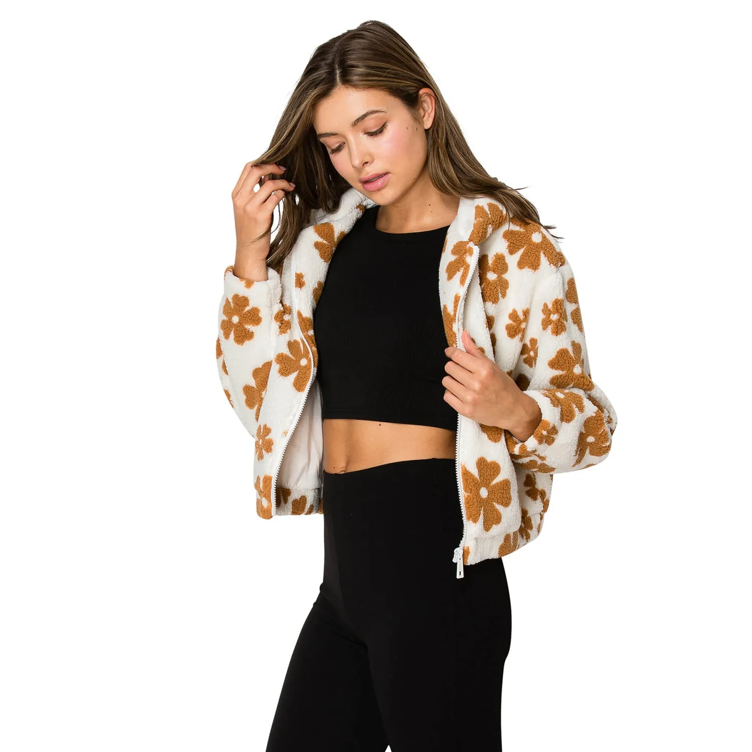 Faux Shearling Hooded Jacket - White Brown