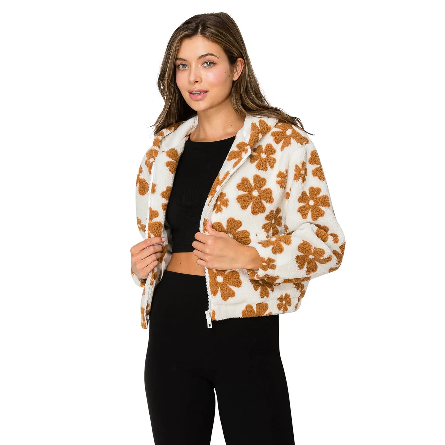 Faux Shearling Hooded Jacket - White Brown