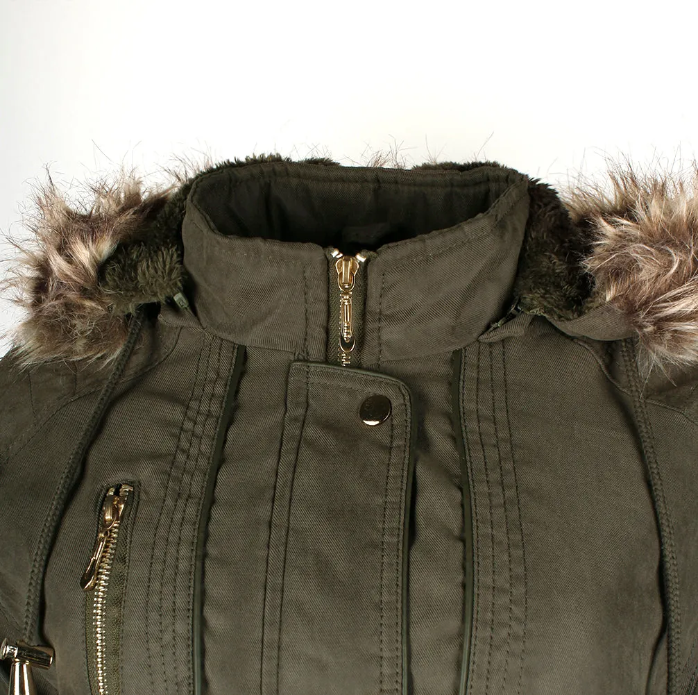 Han Ton Women's Three Quarter Length Sherpa Lined Detachable Hood Jacket