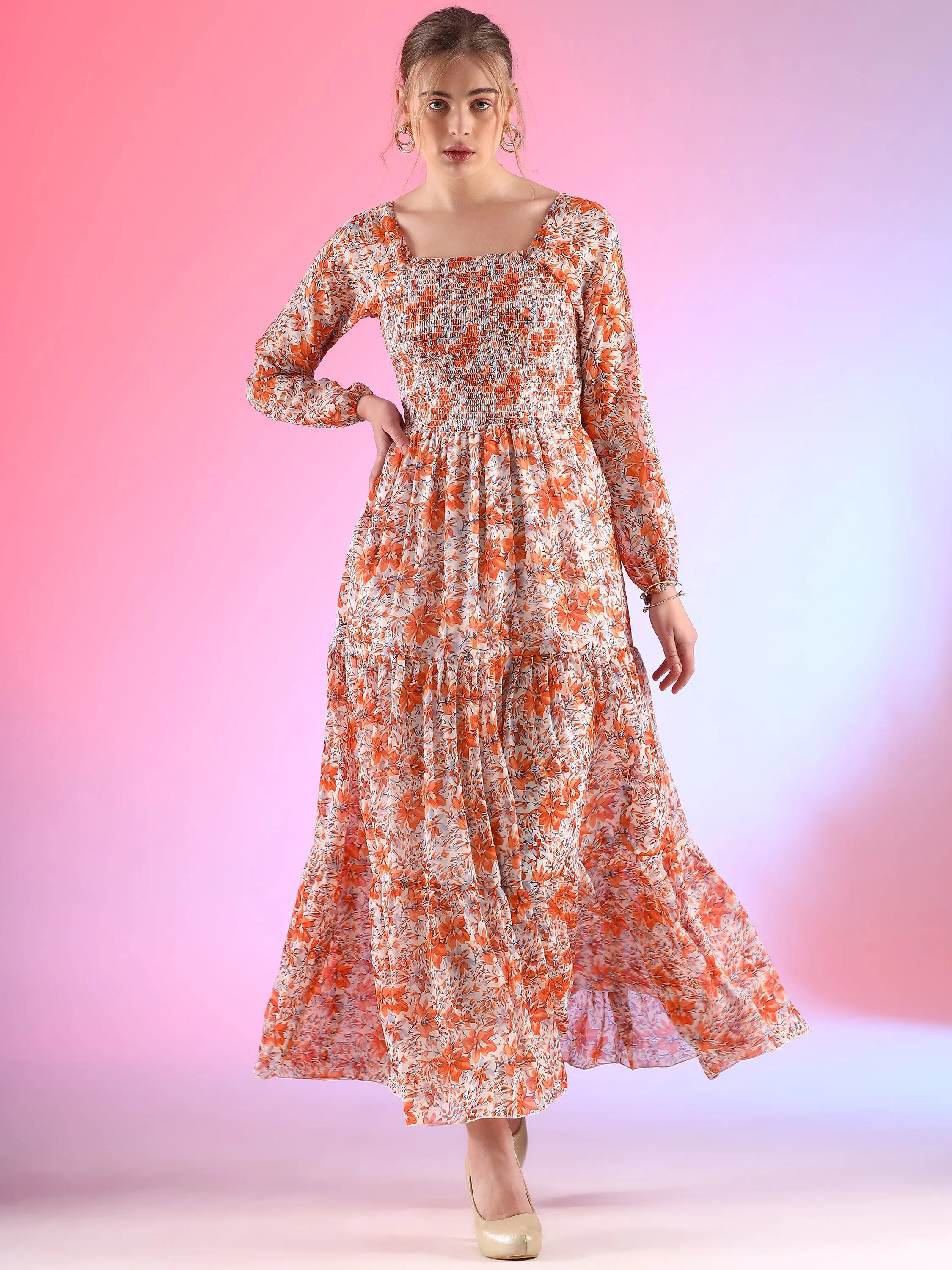 Harvest Harmony Fit and Flare Square Neck Georgette Dress