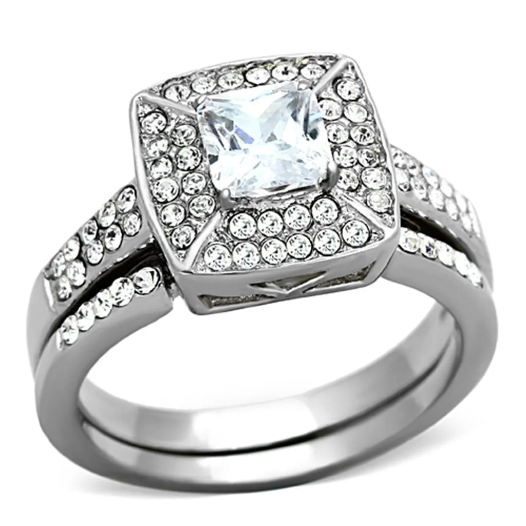 High polished (no plating) Stainless Steel Ring with AAA Grade CZ in Clear for Women Style TK1088