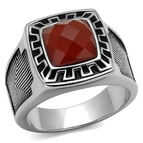 High polished (no plating) Stainless Steel Ring with Semi-Precious Agate in Siam for Women Style TK3007