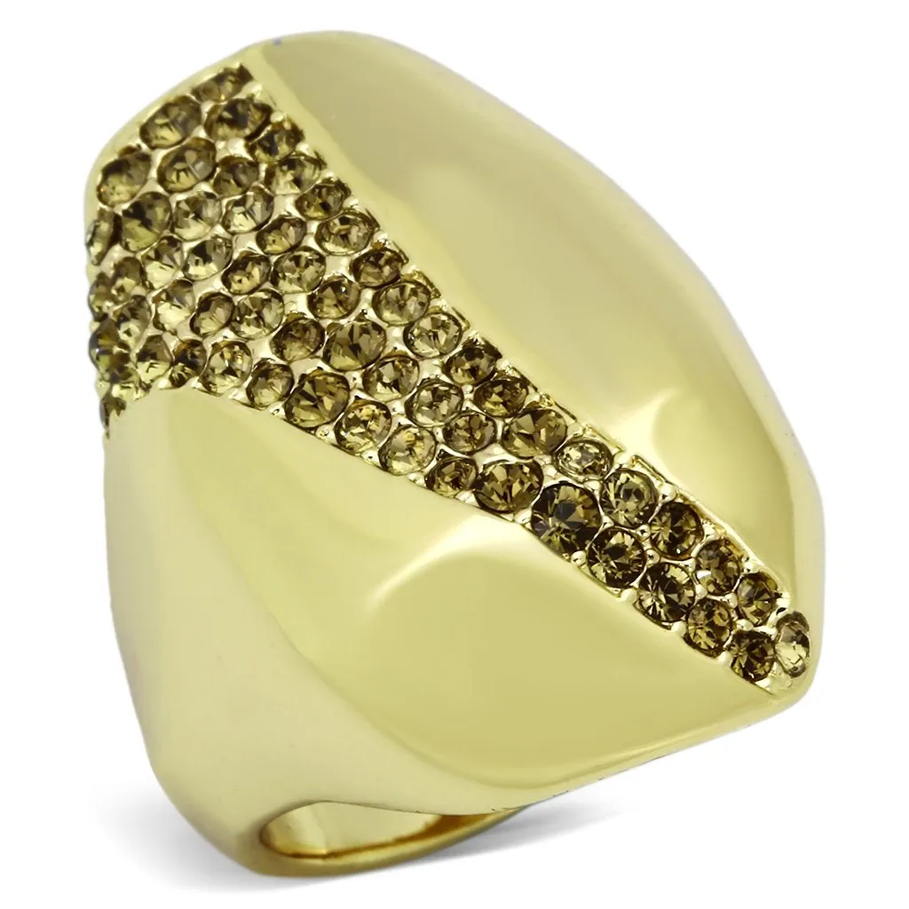 IP Gold(Ion Plating) Stainless Steel Ring with Top Grade Crystal in Smoked Quartz for Women Style TK854