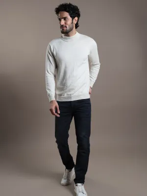 Knitted Cream Striped Regular Fit Full Sleeve Casual Pullover